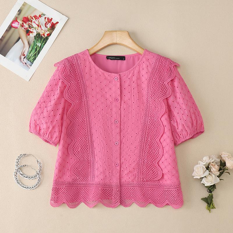 ZANZEA Women Casual Round Neck Patchwork Crochet Loose Short Sleeve Blouse