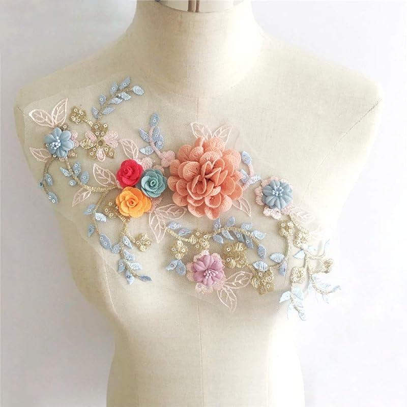 Colorful 3D Flower Embroidery Patches Beaded Sequins Flower LACE Patch Sewing Bridal Veil Wedding Dress DIY Wedding Dress Floral Costume Patch Decor