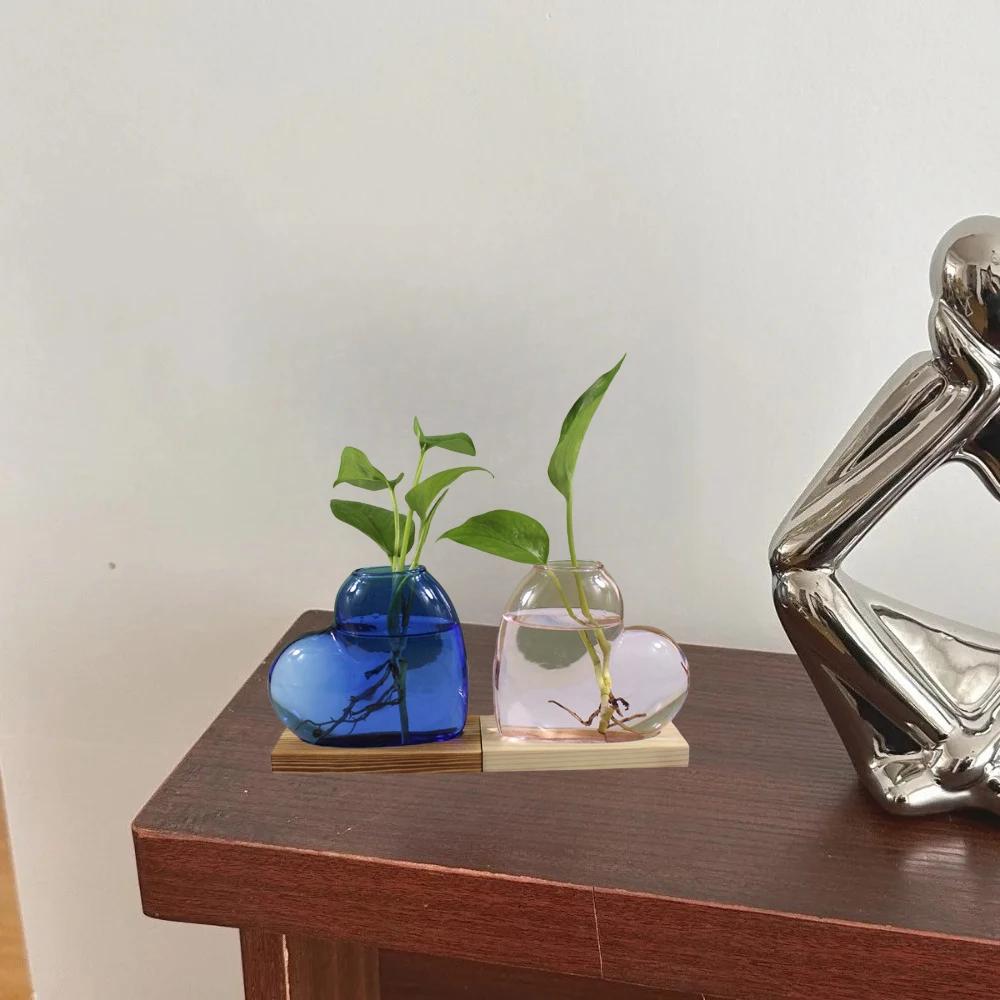 Colorful Love Shaped Glass Vase with Wooden Hydroponic Flower Plants Vase Desktop Ornament Living Room Office Decoration