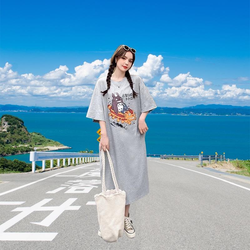 Large size women's short t-shirt skirt summer Korean pure cotton loose long knee dress casual belly cover dress