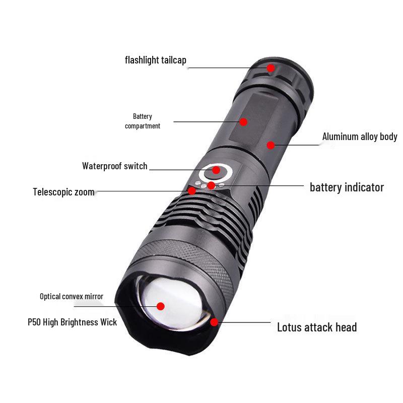 P50 Waterproof Zoomable Flashlight with Power Display and Multi-Function Lighting