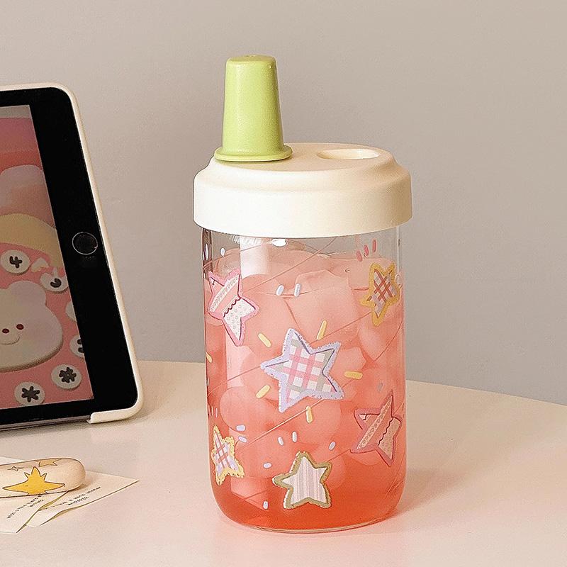 Kawaii Glass Water Bottle For Girls With Straw New Bubble Juice Milk Tea Cup Student Heat-resistant Glass Drinking Bottle 500ML