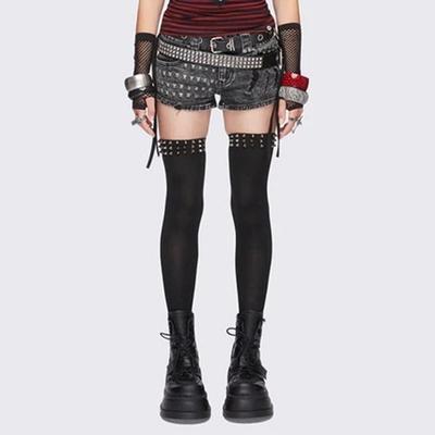 Y2K Gothic Punk Overknee Unifarbene Polyester Strümpfe Mit Nieten und Spikes Besatz Elastische Rutschfeste Lange Schlauchsocken Subkultur Alt Strumpfwaren