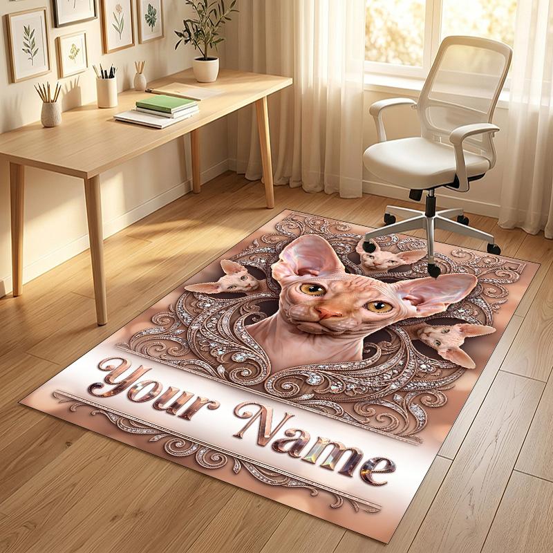 Cat Theme Crystal Velvet Rug Personalized Custom Name Text Soft Floor Mat Home Decor