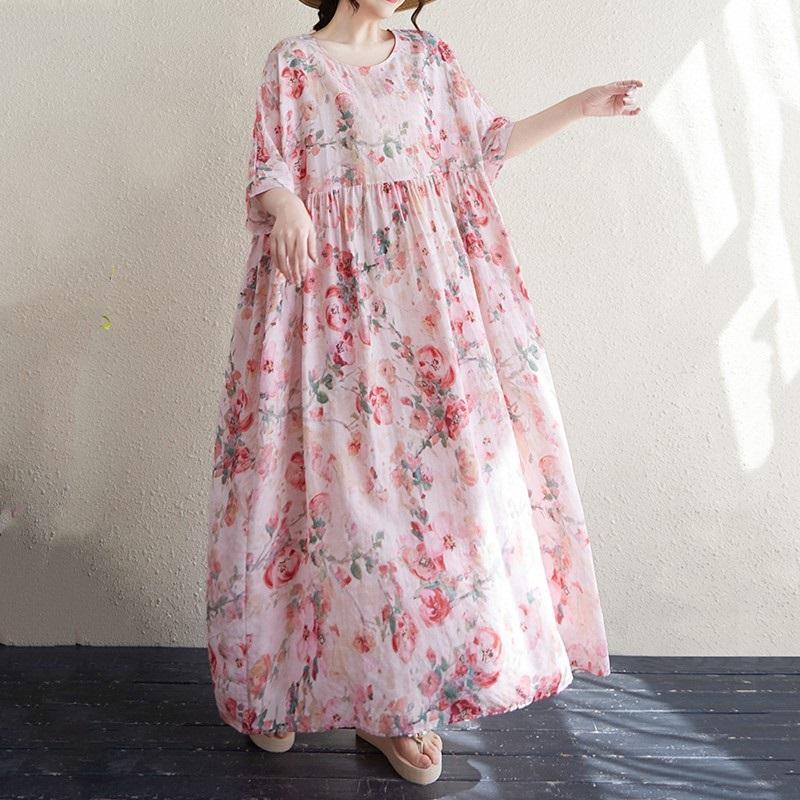 

Новое хлопковое винтажное платье с цветочным принтом больших размеров с коротким рукавом для женщин, повседневное свободное длинное летнее платье