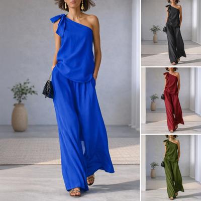 2 Piece Outfits for Women Summer One Shoulder Sleeveless Top And Wide Leg Pants Matching Lounge Set with Pockets