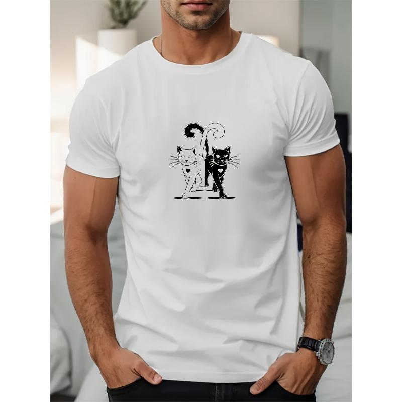 European Size Men'S Casual Cotton T-Shirt with Cat Tail Hook Pattern - Summer Short Sleeve Round Neck Solid Color Knit Fabric - Adult Regular Fit