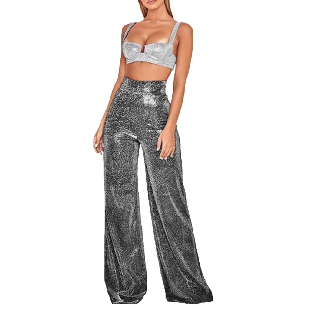 Ladies Casual Fashion Solid Color Wide Leg Pants High Waist Straight Tube