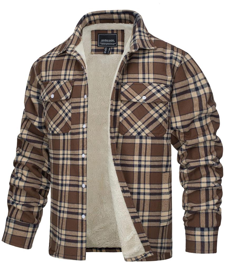 TACVASEN Check Shirt with Chest Pocket and Fleece Casual Sports Flannel Biking Soft Size 2XL Men's Lining, Coat, Top, Shirt, Wear, Travel, Brown,