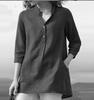 Women's Solid Color Cotton-Linen Pullover Shirt - Autumn 2021, 3/4 Sleeve, Stand-up Collar