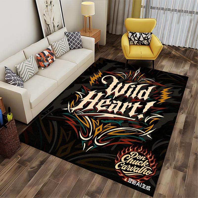 "Wild Heart Black Carpet with Artistic Text and Vibrant Patterns Design" Suitable for use as an anti-slip for living room bedroom sofas