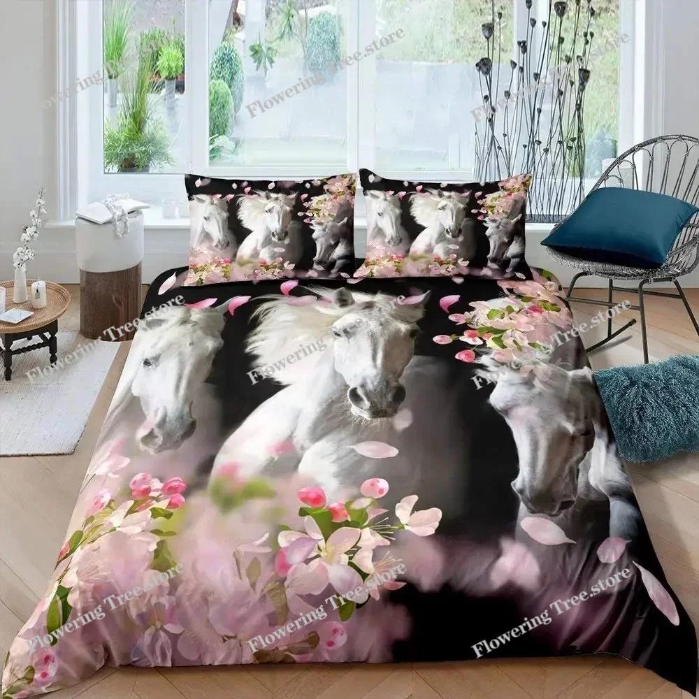 3D Horse Duvet Cover King Queen Size Yellow Sunflower Bedding Set Floral Animal Theme Quilt Cover Wildlife Soft Comforter Cover