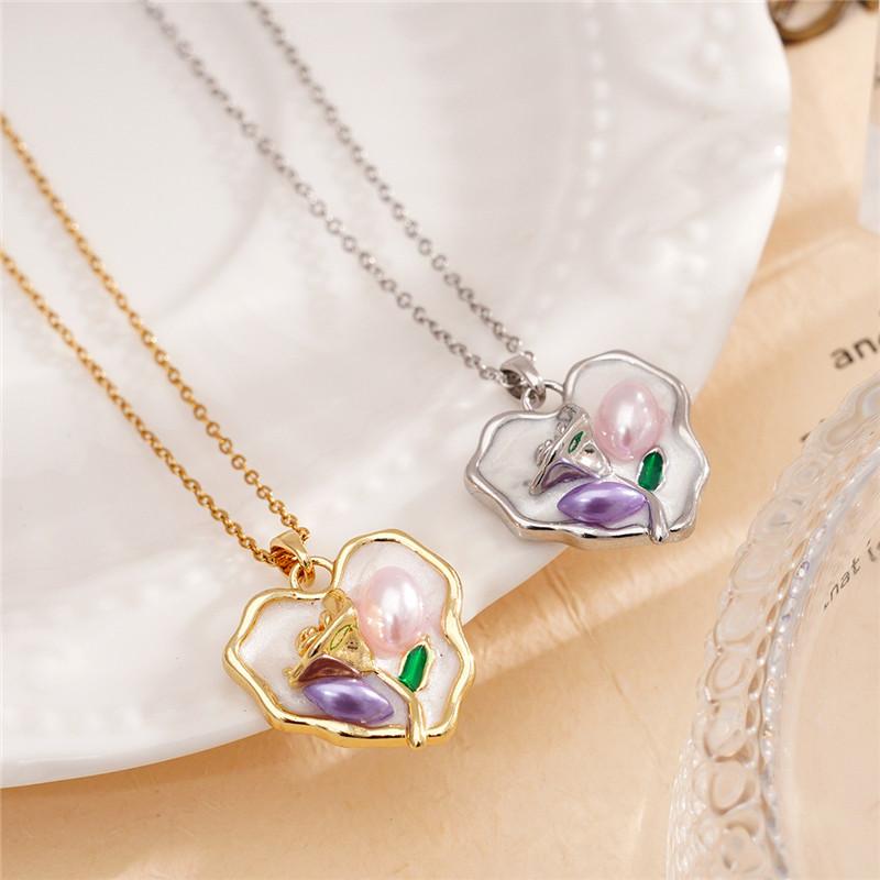 High Grade Rose Preal Zircon Pendant Necklace Stainless Steel Chains Flower Enamel Choker Jewelry Gift For Women Girls