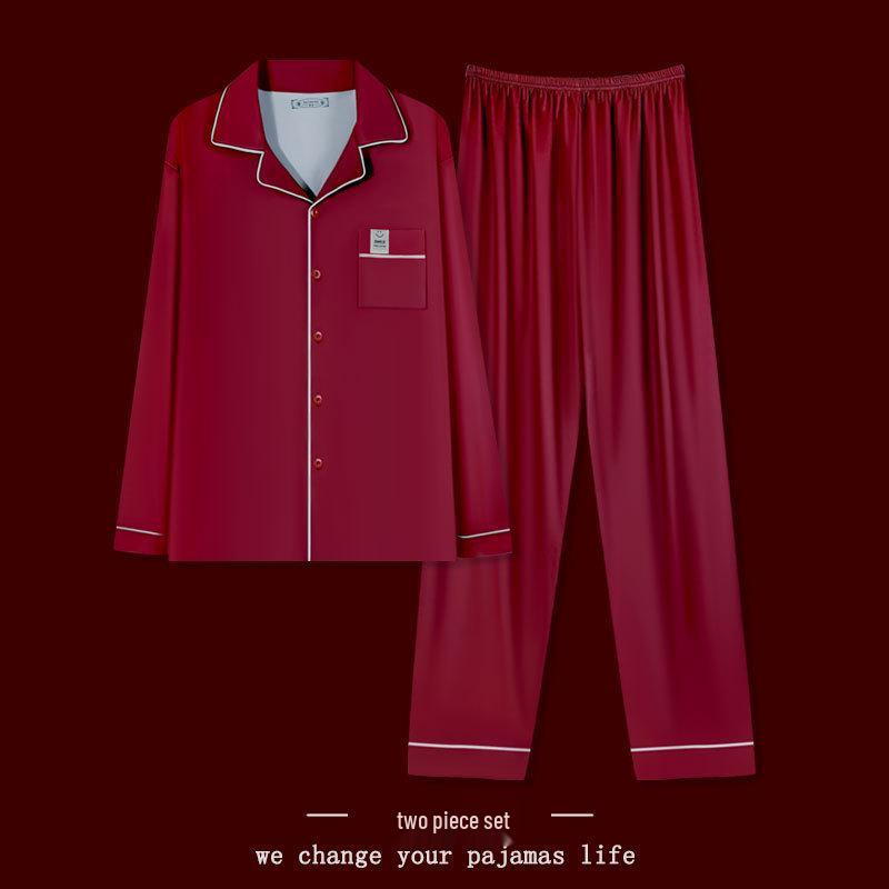 Good Luck Men's Red Festive Pajamas: Spring/Autumn Long Sleeve Cardigan, Pure Cotton, Solid Color, Loose Fit, Plus Size Home Wear Set