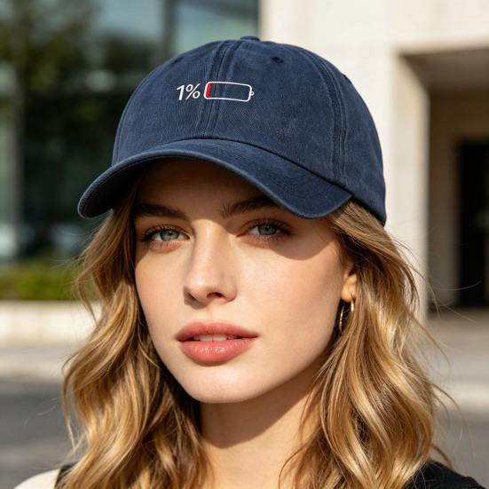 Low Battery Pattern Baseball Hat, Adjustable Back Buckle Retro Distressed Style Baseball Cap, Washed Cotton Fabric Outdoor Sunshade Cap