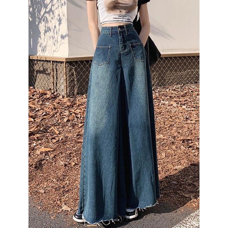 2024 Retro High Waist Wide Leg Denim Skirt with Frayed Edges for Spring & Autumn