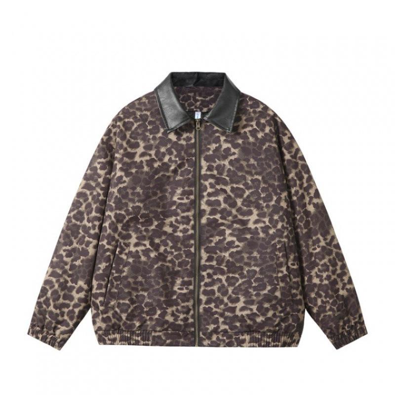 Unisex Retro Leopard Print Spliced Leather Jacket - Trendy, Loose-Fit Streetwear