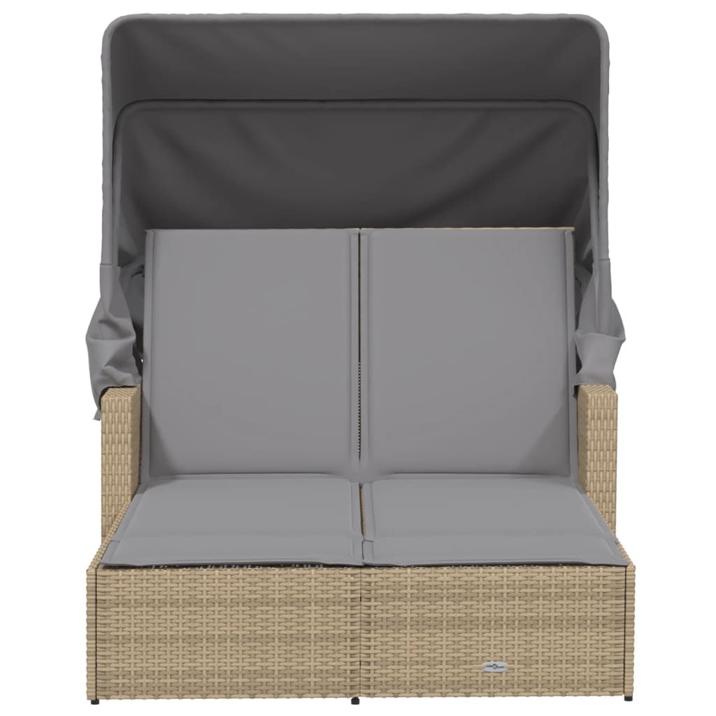 Vidaxl Double Sun Lounger with Canopy and Cushions, Mixed Beige