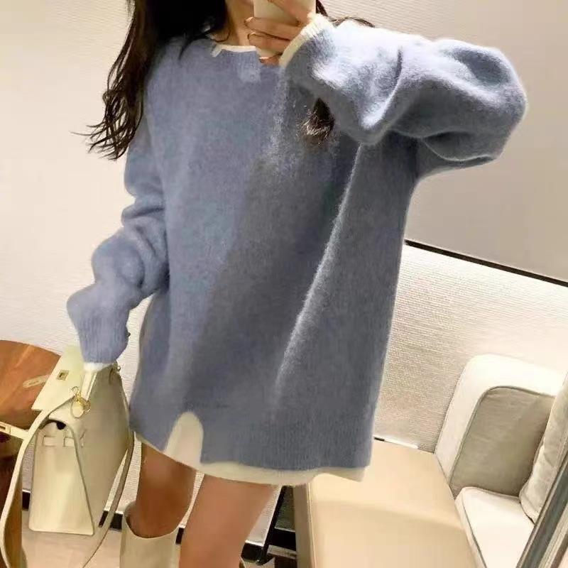 Fake two-piece pullover sweater for women's autumn and winter new loose soft waxy casual color matching knitted sweater for women