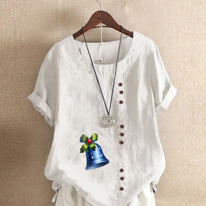 Women's Fashion Small Bell Prined Round Neck Short Sleeve T-shirt Casual Cotton Linen Graphic Shirt Leisure Loose Summer Blouse Tops