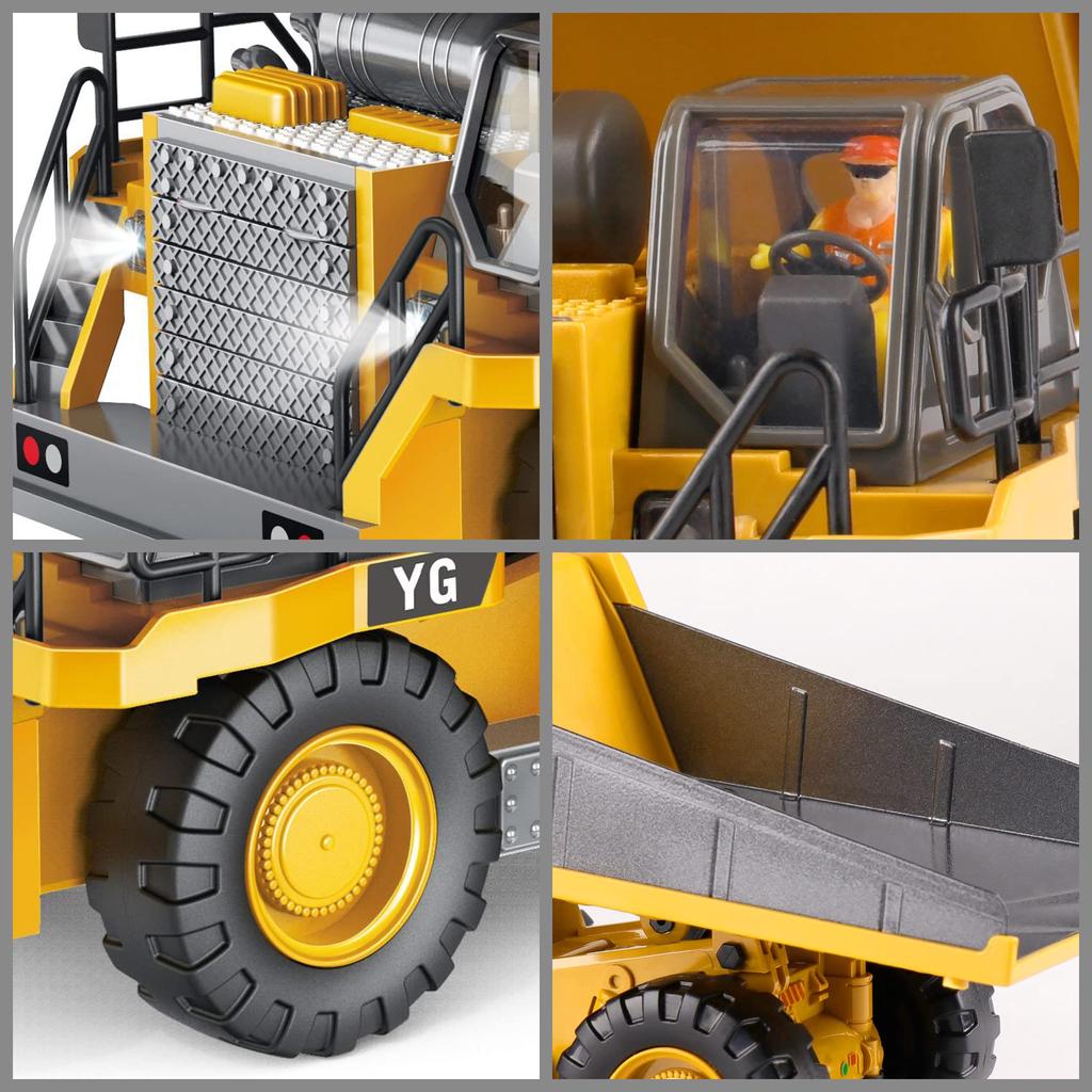 RC Dump Truck Toy for kids, Remote Control Construction Toys Vehicle with Metal Bed and Light/Music, Birthday gifts ideas for Boys