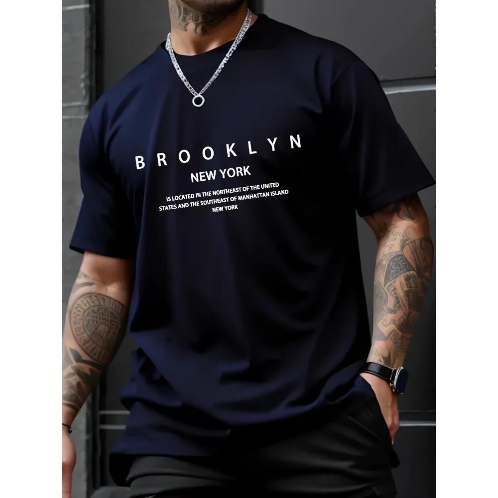 Summer Men's 100% Pure Cotton Casual Loose Plus Size Brooklyn Print Comfortable Sports Round Neck Short Sleeved T-shirt Top