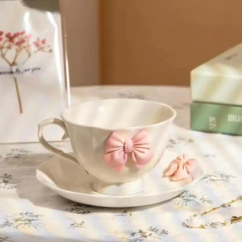 

Набор керамических чашек для кофе с бантом Изысканный женский послеобеденный чай Кофе латте Чашка для латте Домашний завтрак Молочный напиток Кружка Подарок на день рождения