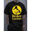 European Sizes Men's Street Style T-Shirt, Black and Yellow Cartoon Beaver with Tool Element Print, Casual Dating/Daily Outing Choice