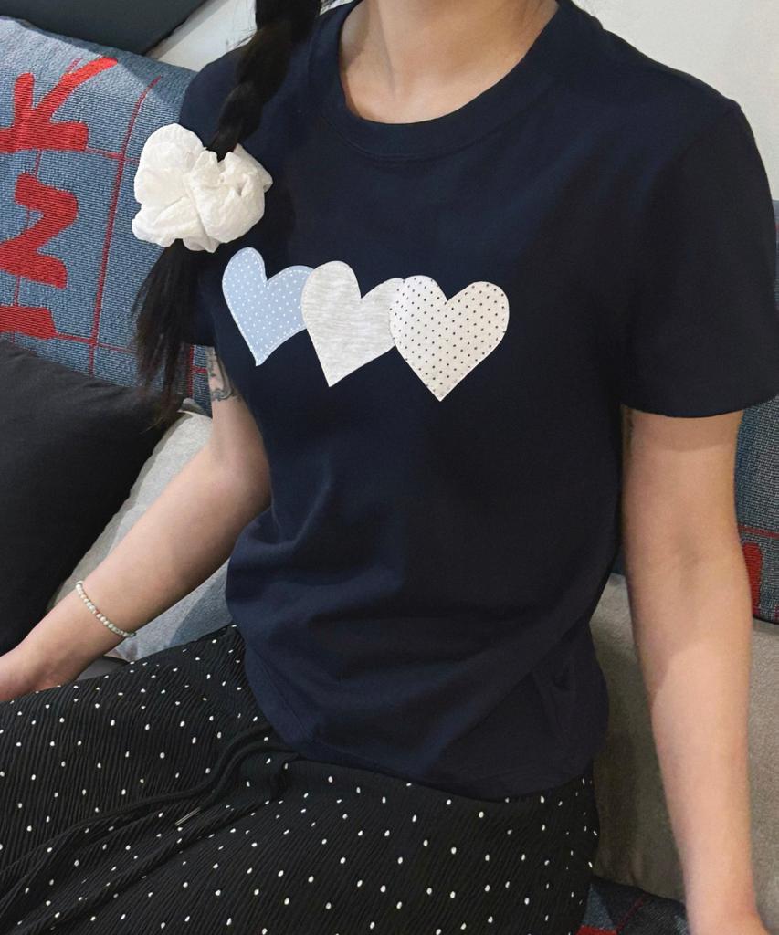 Loginaenloji Silver Dot Heart Patch Cotton T-Shirt Navy