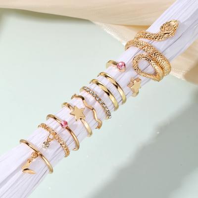 Juego de anillos con grabado de serpiente, regalo, accesorios rosas, moda, elegante, oro, lujo, diamante rosa, anillo con pentagrama de serpiente, juego de 10 anillos de oro
