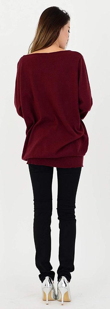 Sleeping Sheep Loose Slightly Long Cotton Knit Simple Plus Sizes for Women Fit, V-Neck Sweater, Tunic, (Wine, LL-3L)