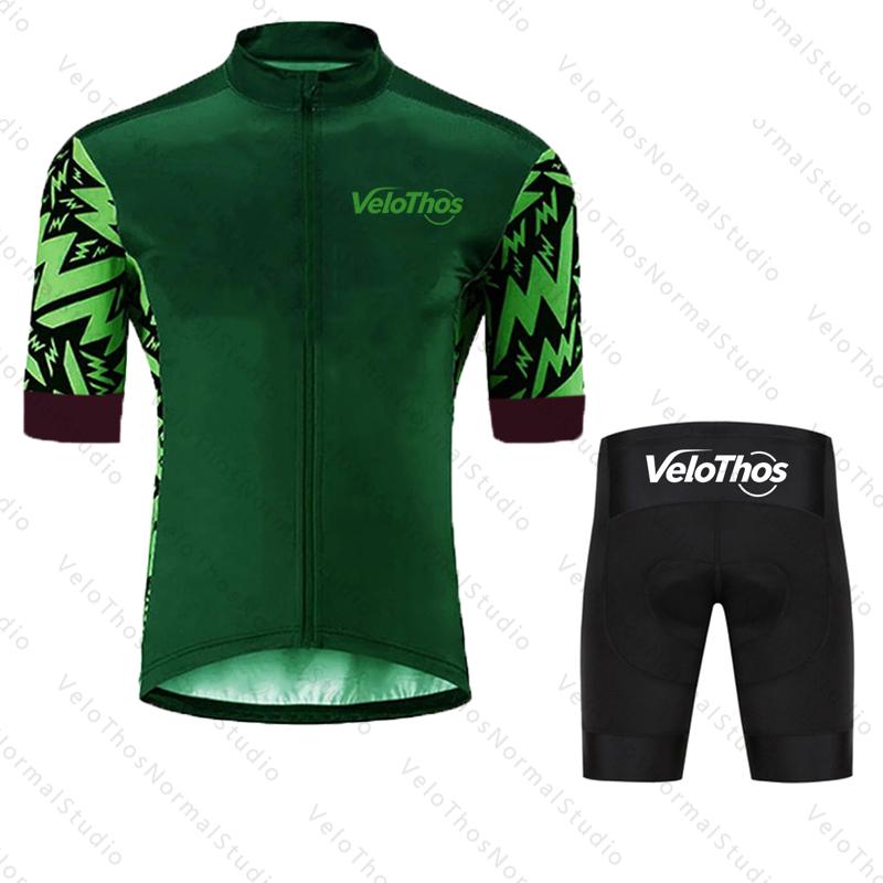 VeloThos Summer Cycling Jersey Set Short Sleeve and Bib Shorts Sport Camping Pro Race Bicycle Clothing MTB Ropa Maillot for Men