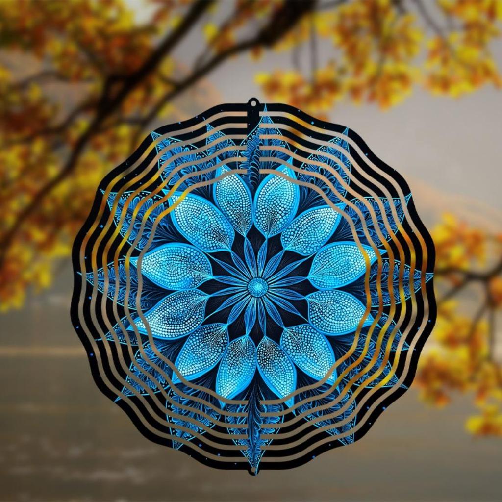 25,4 cm Mandala Blume Metall Windspiel - Langlebiger Hängespiral mit blauem & goldenem Design für Innen-/Außen-Garten- und Terrassendekoration