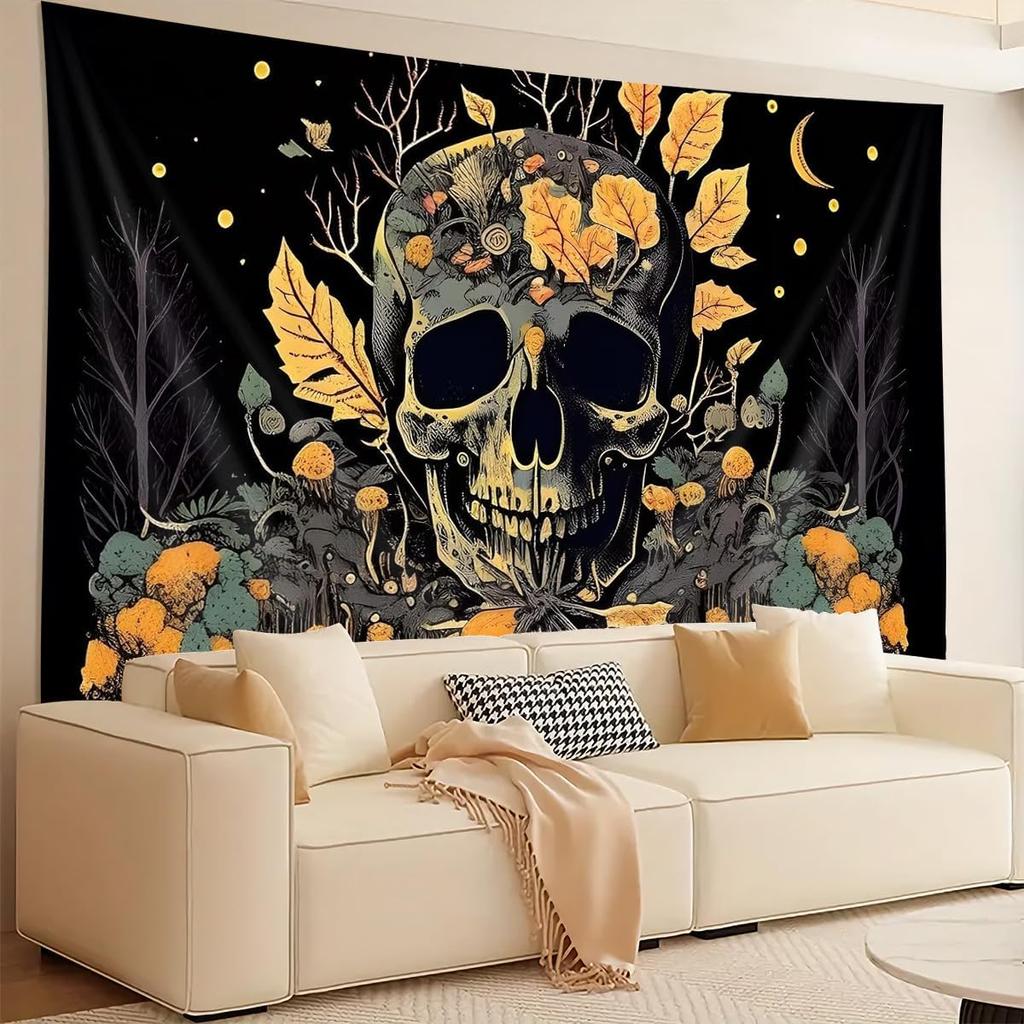 Cartoon Skull Floral Tapestry, Mushroom Leaves Skeleton Goth Garden Aesthetic Tapestries For Bedroom Game Room College