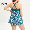 2Pcs/Set Plus Size Swimsuit Set V-Neck Halter Flowy Hem Tops Boxer Trunks Set Quick Drying Split Design Swimwear