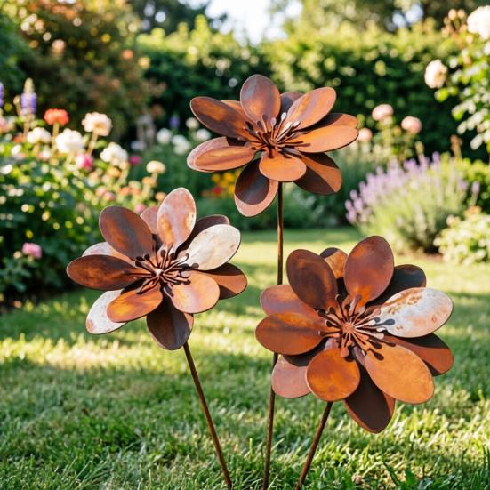 Rusty Flower Garden Stake Iron Flower Yard Art Stake Outdoor Flower Decoration for Backyard Lawn Planter Flower Bed