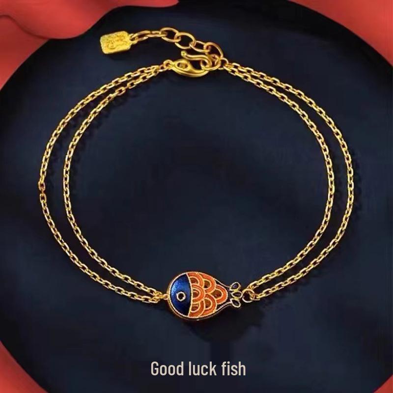 Gold-Plated Brass Good Luck Fish Bracelet, Vietnamese Sand Gold, Couples Style, Valentine's Day Gift for Girlfriend.
