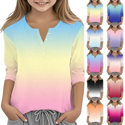Print Tops For Youth Girls V Neck Button 3/4 Sleeves T-Shirts Trendy Tops Outfit Tees