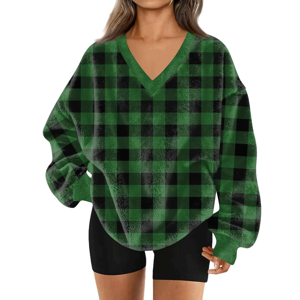 Women's Fashionable V-neck Christmas Printed Long Sleeved Casual Pullover Plush Warm Pocket Sweatshirt Top