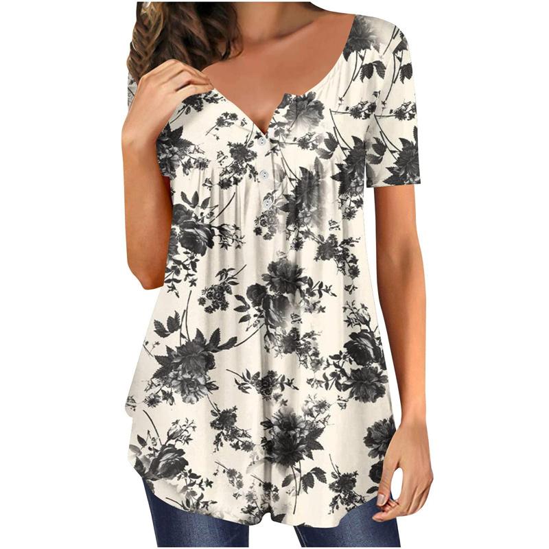 Summer Women's Short Sleeve Floral 3D Printed Buttons T Shirt Ladies Plus Size Top