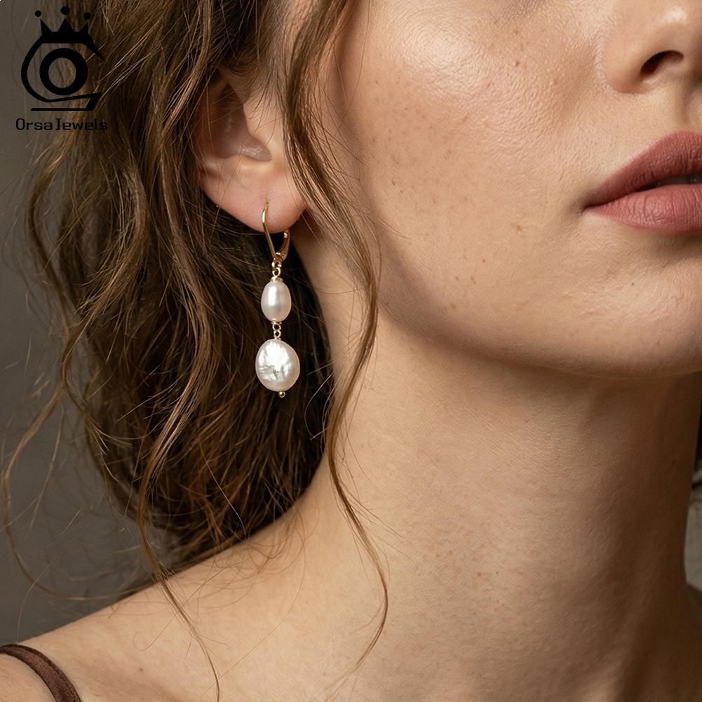 ORSA JEWELS 925 Sterling Silver Natural Freshwater Pearl Ear Line for Women Sweet Chic 14K Gold Plated Earrings Jewelry GPE138