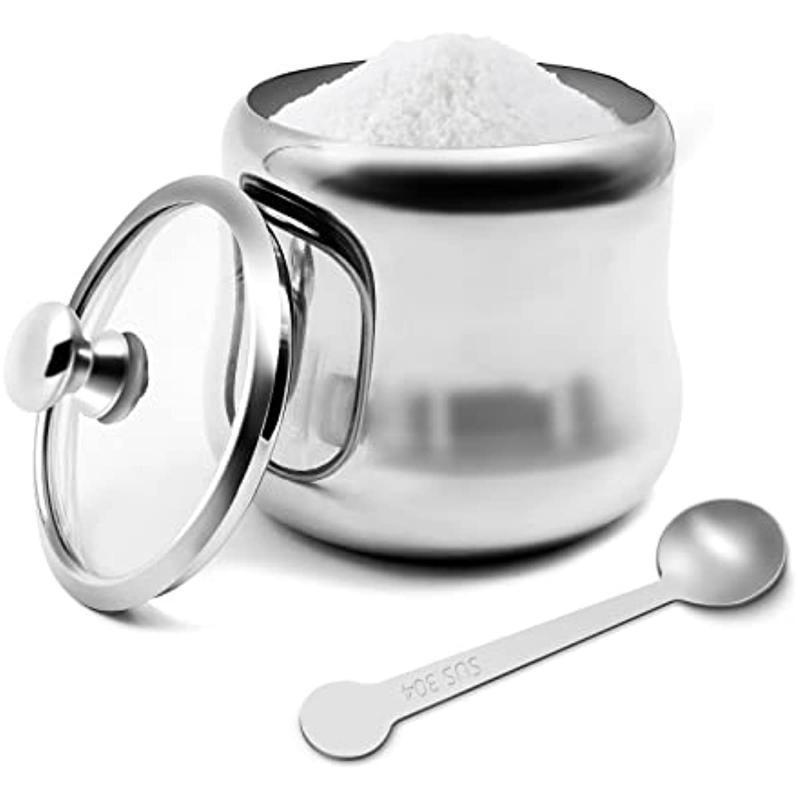 300ml Stainless Steel Sugar Bowl with Lid and Spoon 10 OZ Coffee Seasoning Jar Condiment Pot Spice Container Canister Cruet with Lid and Spoon