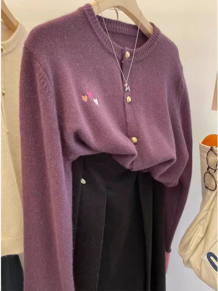 2024 Heart Embroidered Color Block Wool Cardigan: Stylish, Soft & Versatile Design