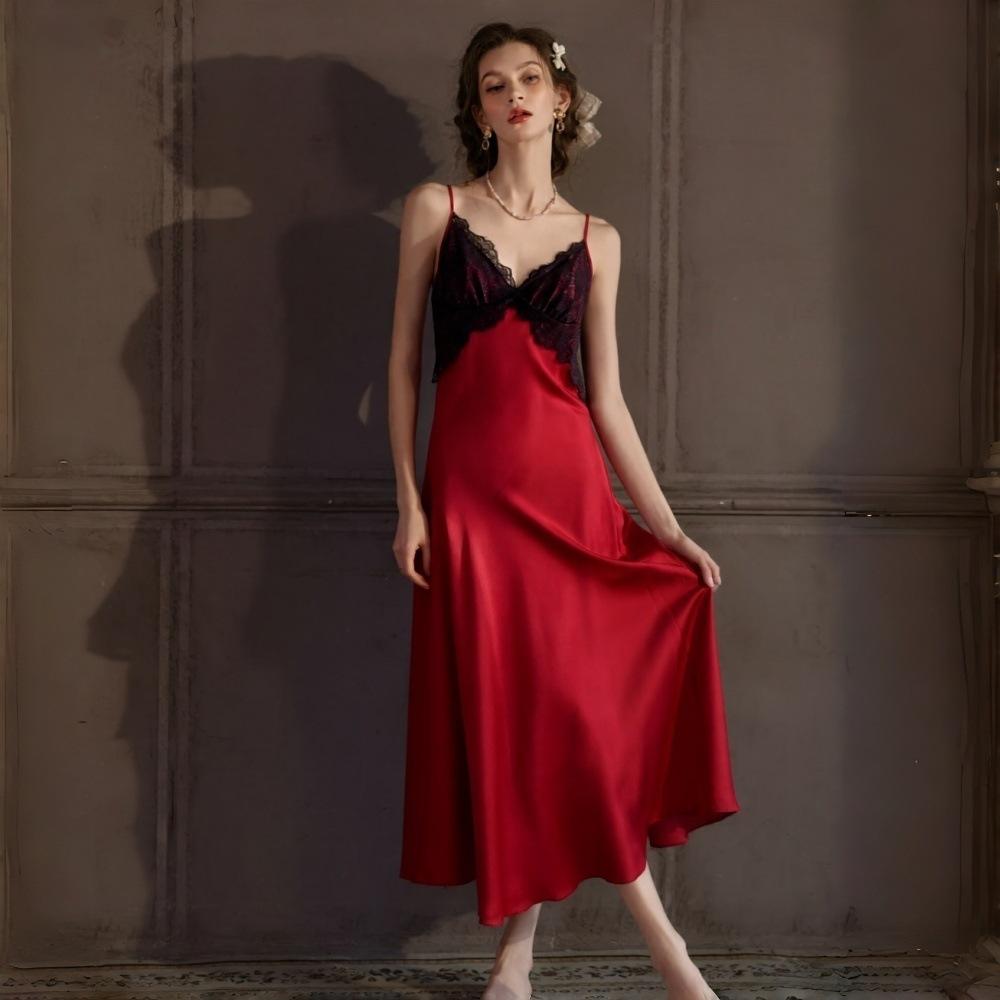New long dress women's summer sexy ice silk pajamas suspender lace backless imitation silk homewear