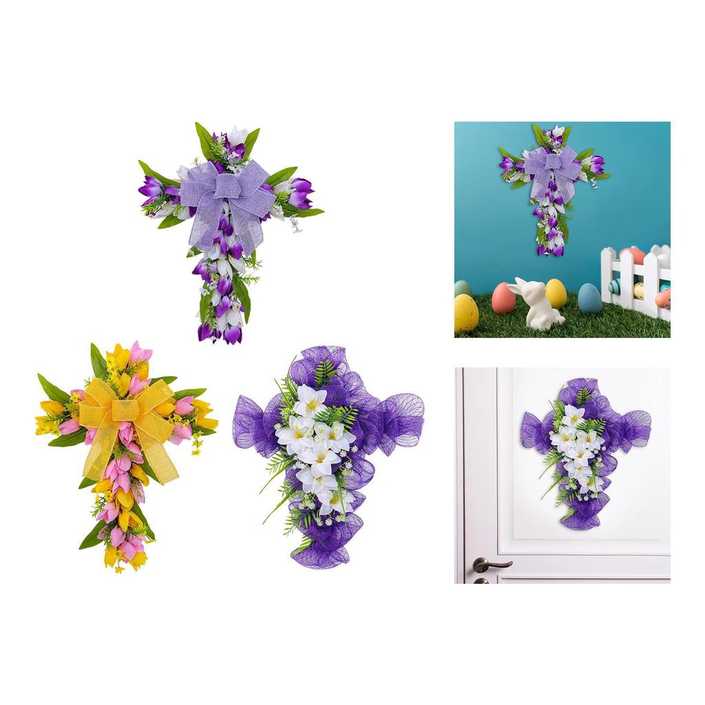 Artificial Flower Wreath Garland Hanger Easter Cross Wreath Tulip Door Wreath for Festival Front Door Indoor Window Housewarming
