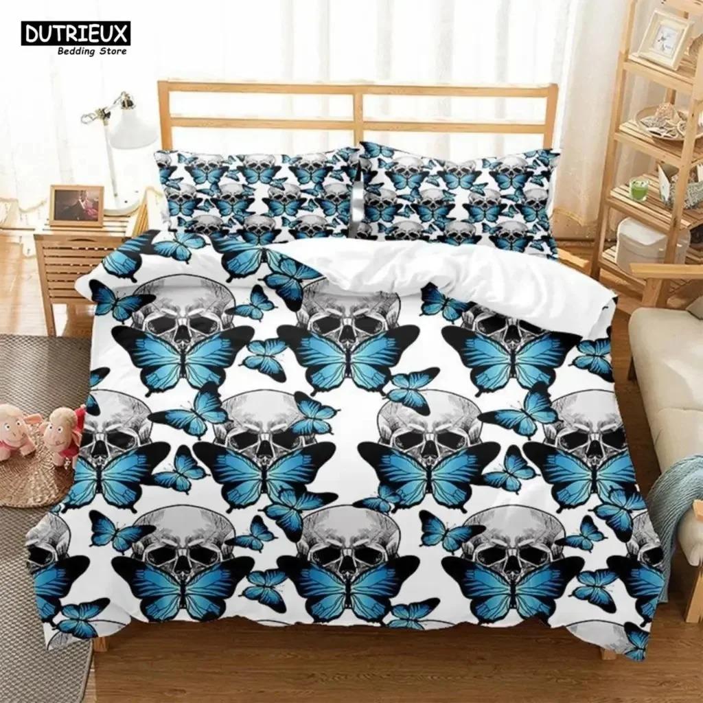 Skeleton Skull Bedding Set Queen King Full Size Duvet Cover Set With Pillowcases Rose Flower Bed Linen For Adults Teens