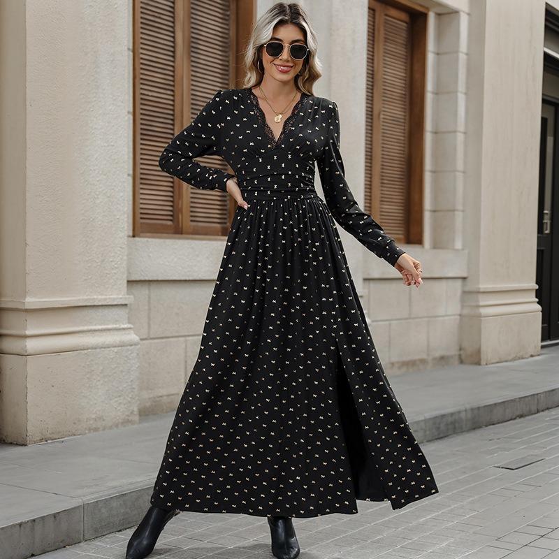 YYFS Women's Fashion Spring Fall Long Sleeve V-Neck High Waist Casual Dresses