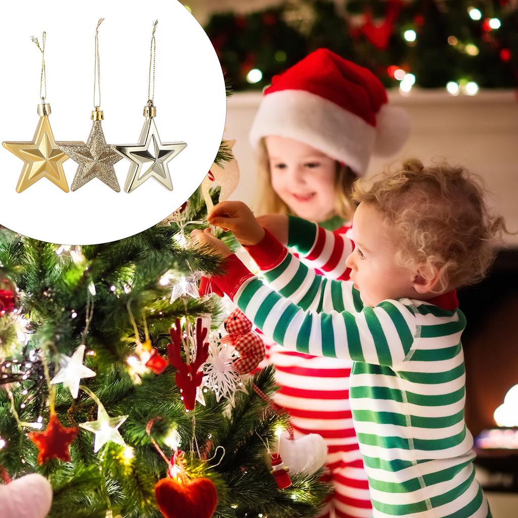 18Pcs Christmas Five Pointed Star Decor Plastic Hanging Ornament for Tree Home Office Hotel School Store Xmas Decoration