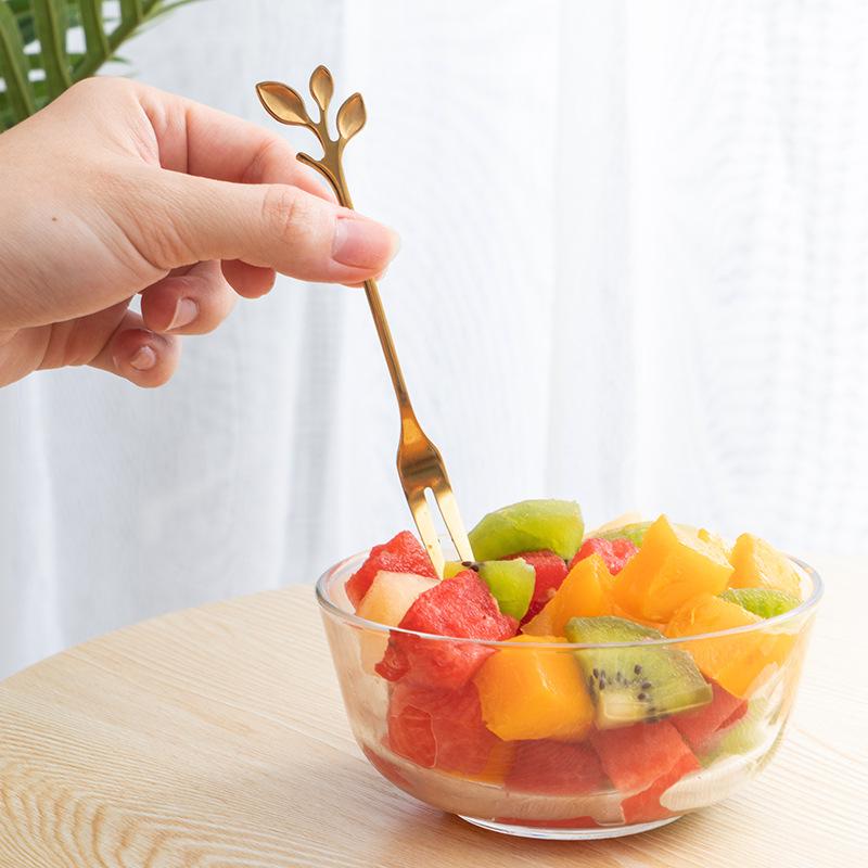 HANYANG Obstgabel aus Edelstahl, goldene Blätter, kreativer Gabellöffel aus Edelstahl, bunter Kaffeerührlöffel