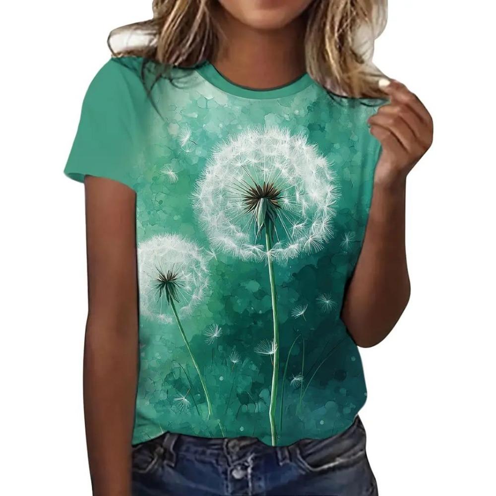 Camiseta com padrão impresso em 3D, verão e primavera, manga curta, gola redonda, top casual, roupa feminina